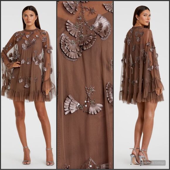 MAC DUGGAL 9257 Brown Embellished Long Flare Sleeve Mesh A-Line Dress - Picture 1 of 13